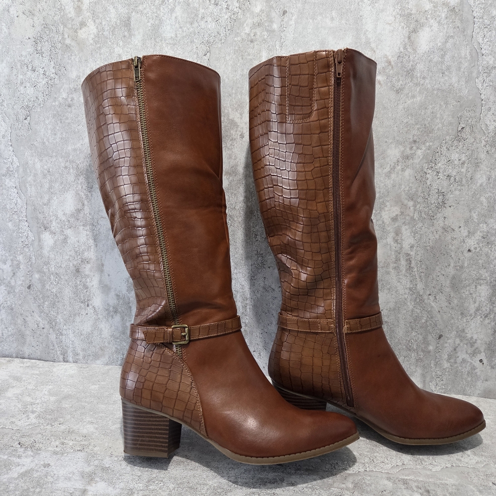 Kim Rogers Wide Calf Brown Niki Croc-Embossed Heeled Boots Women's Size 10 M